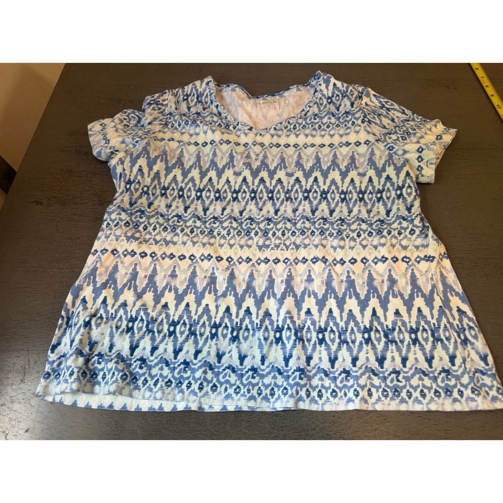 Studio Works The Studio Tee Blue Ikat Geometric V-Neck Cotton Top Plus Size 1X